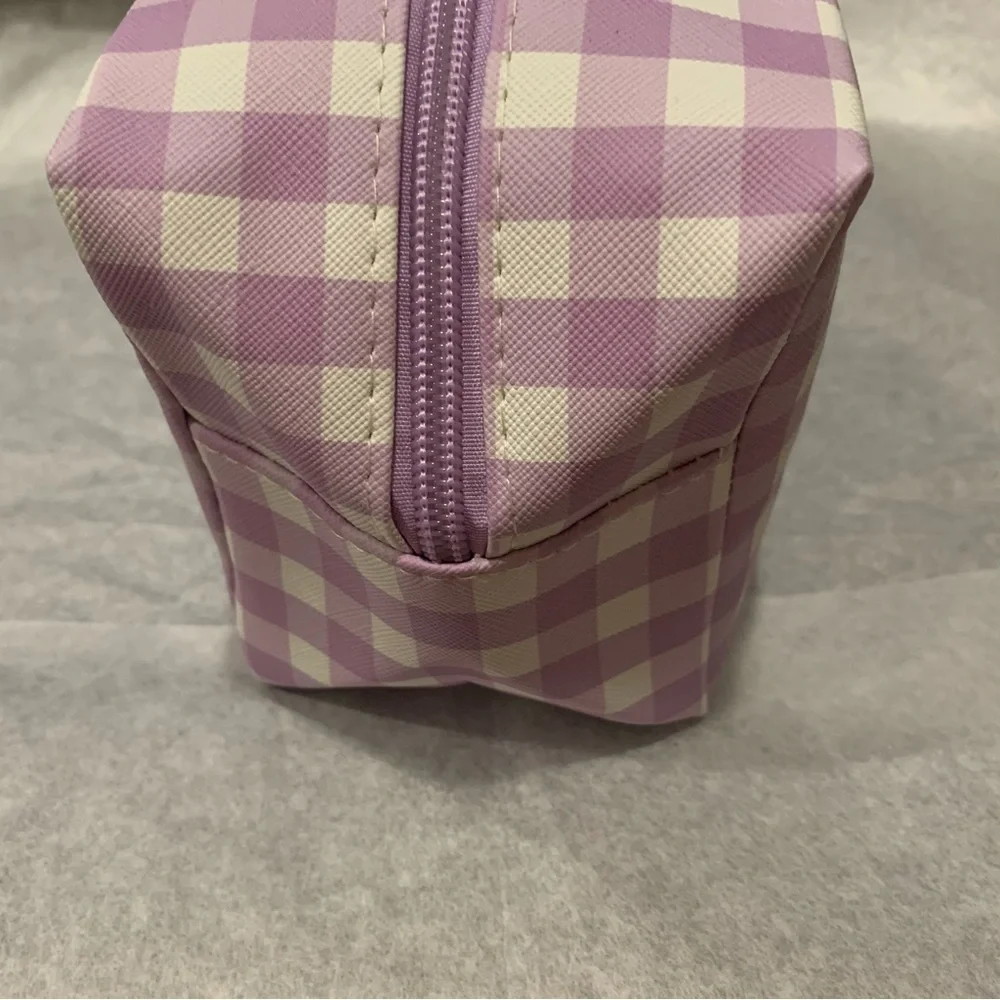 Kuromi Purple and White Gingham Check Zip Make Up Bag Pouch with Side Handle